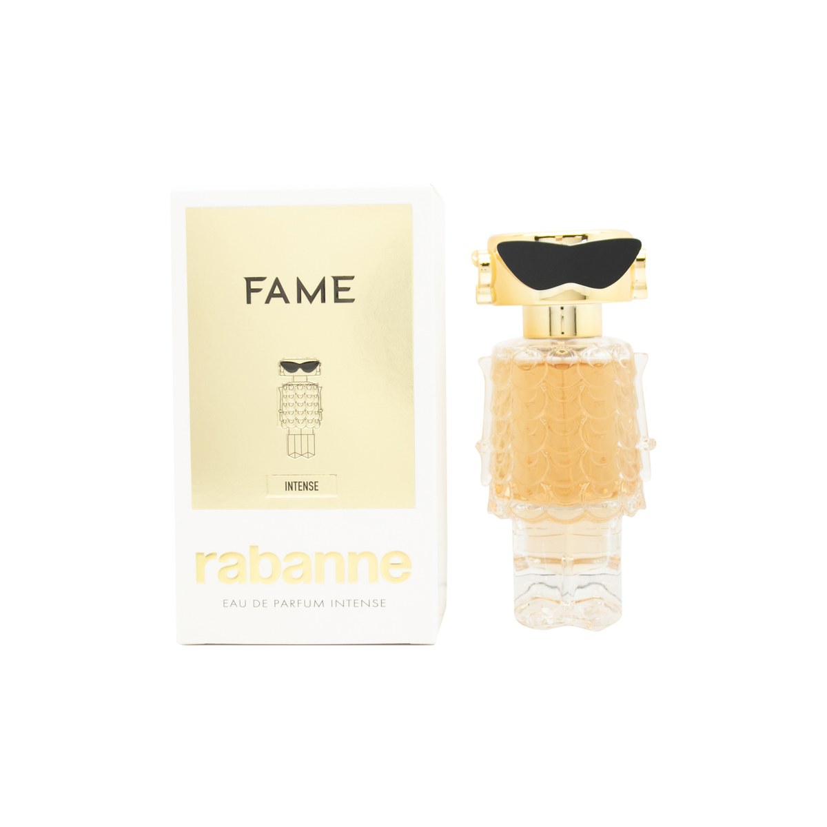 Paco Rabanne Fame Intense Eau de Parfum 30 ml fra Paco Rabanne, gylden robotformet flakon med sort metallisk top