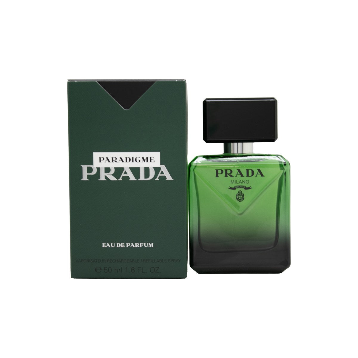 Prada Paradigme Eau de Parfum 50 ml fra Prada – klar glasflakon med rosa duft, sort kantet låg og minimalistisk logo