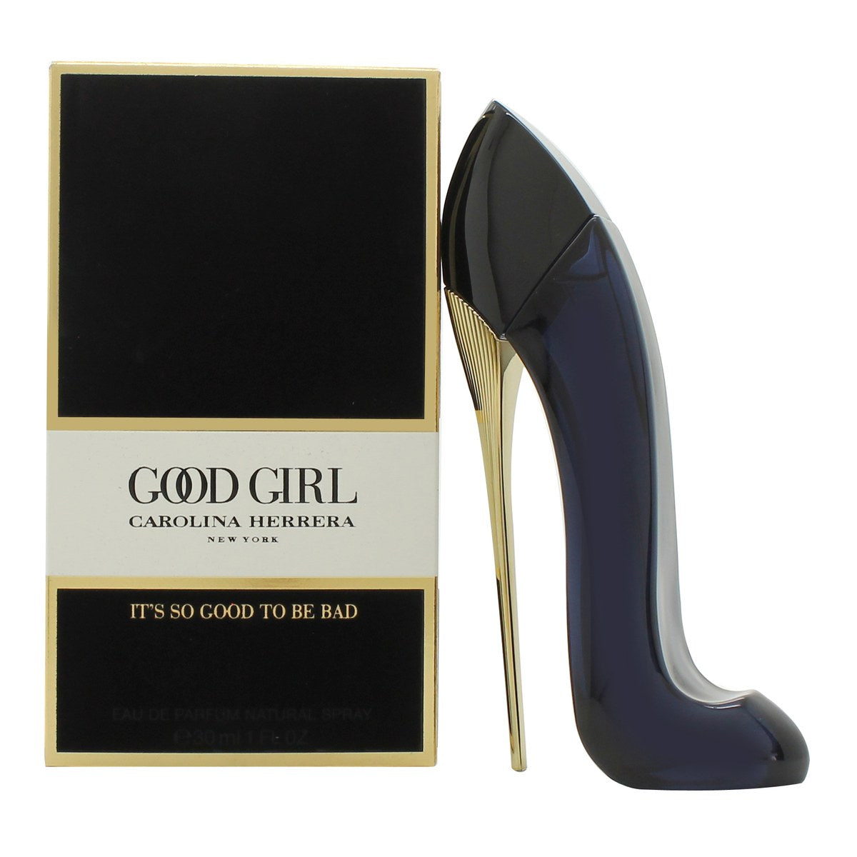 Good Girl Eau De Parfum Carolina Herrera 30 ml stiletformet sort parfumeflaske med blank guldfarvet hæl og elegant design