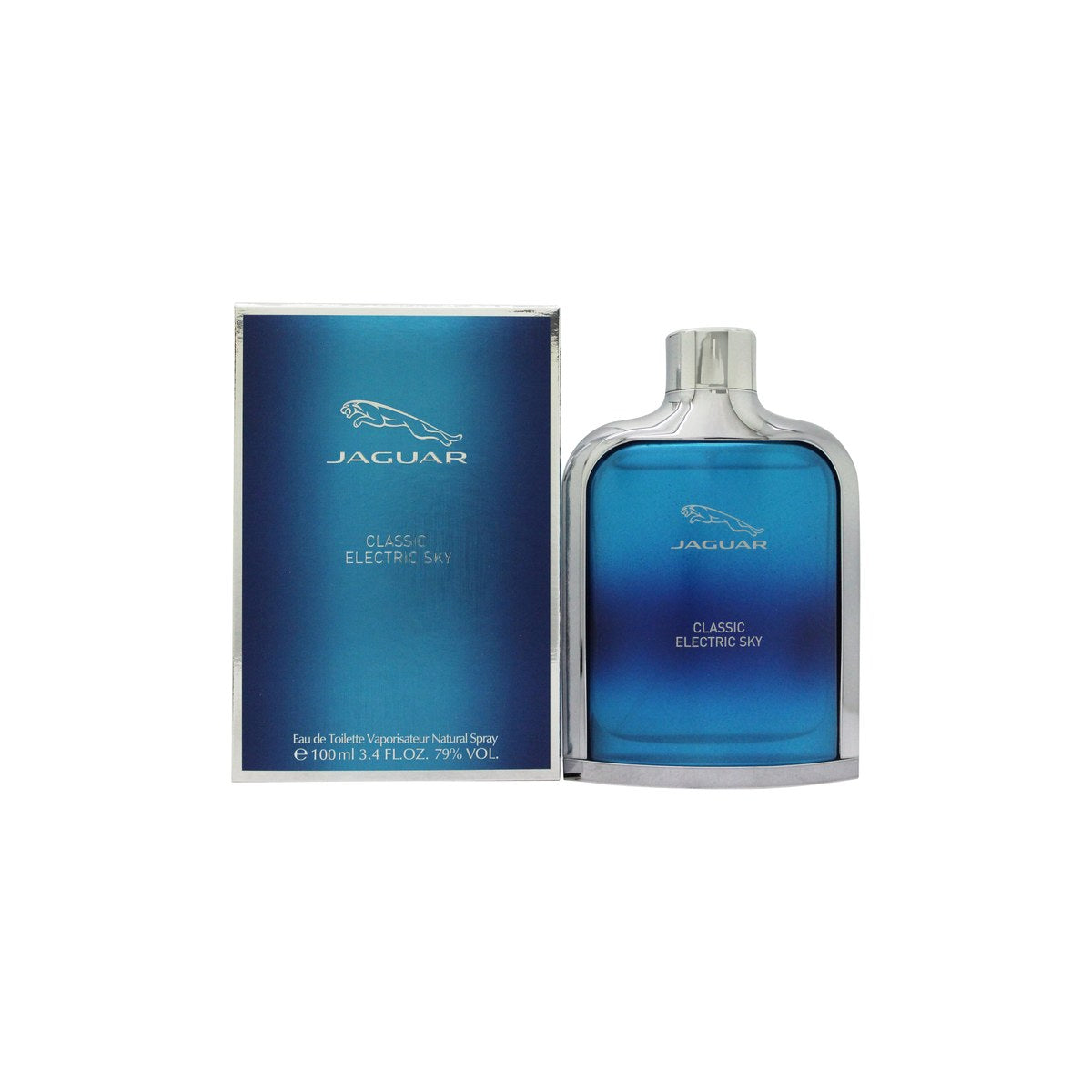 Jaguar Classic Electric Sky Eau de Toilette 100 ml fra Jaguar, klar blå glasflaske med sølv låg og minimalistisk design