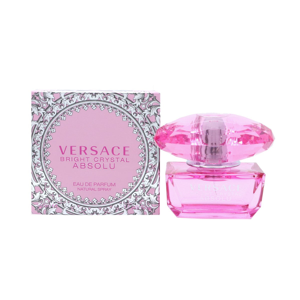 Versace Bright Crystal Absolu Eau De Parfum Versace 50 ml, lyserød firkantet flakon med facetslebet låg og sølvgrå skrift