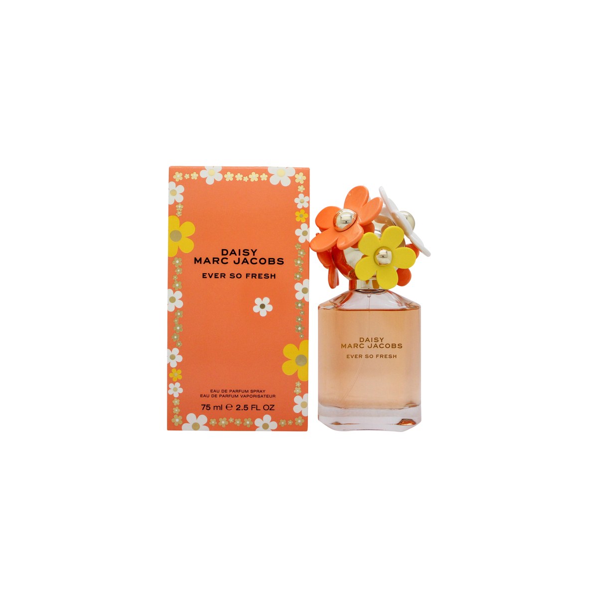 Daisy Ever So Fresh Eau De Parfum Marc Jacobs 75 ml klar glasflaske med gul orange væske og blomsterformet låg