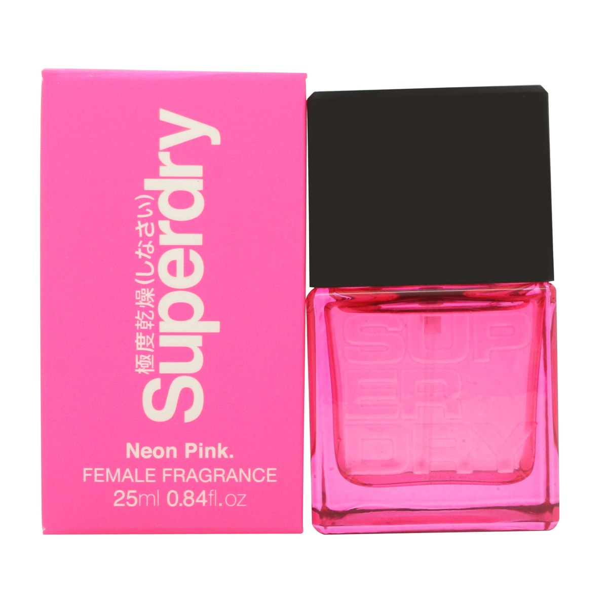 Superdry Neon Pink Eau de Cologne 25 ml i klart glasflakon med neonpink væske og sort, minimalistisk logo.