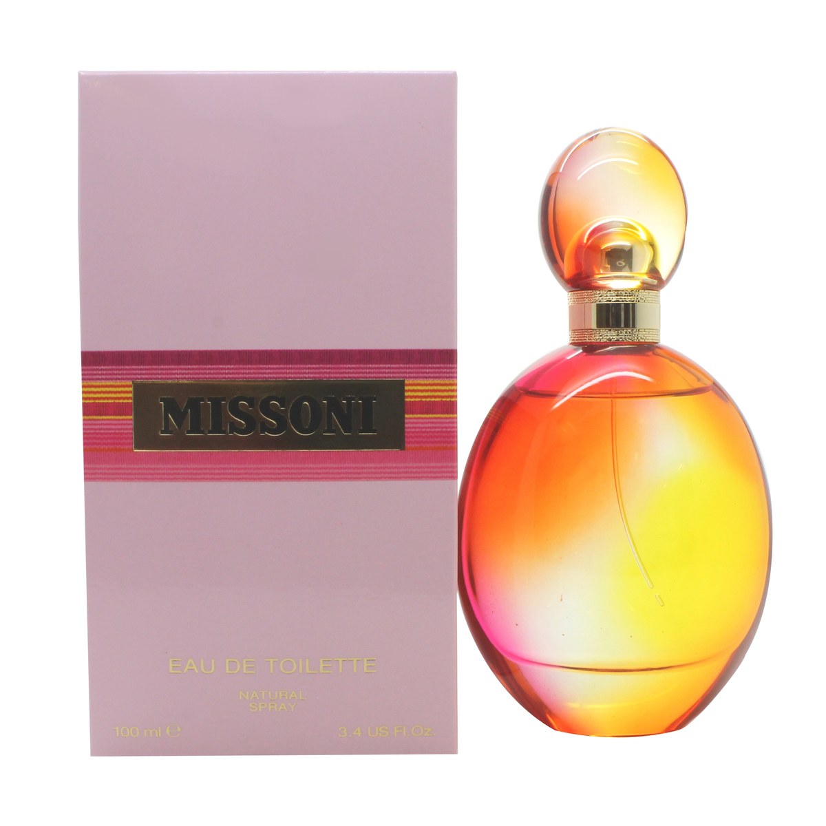 Missoni Eau de Toilette 100 ml – farverig glasflaske med zigzagmønster i pink og lilla, gylden rund hætte.
