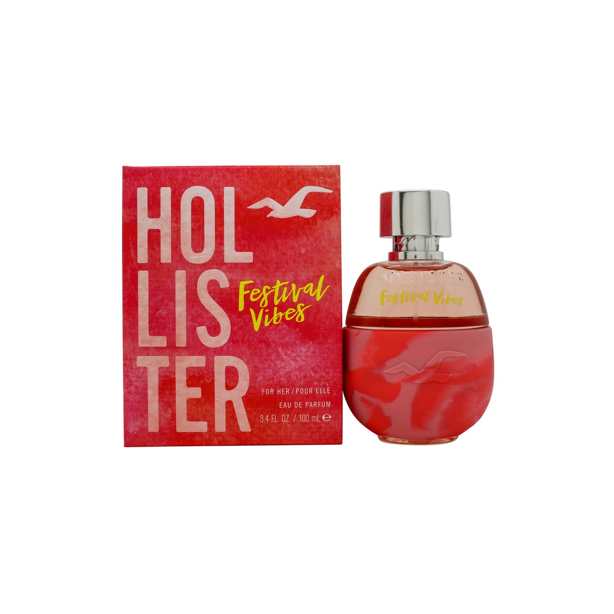 Festival Vibes For Her Eau De Parfum, Hollister, 100 ml rød glasflaske med slank form og sølvfarvet låg i sommerlig stemning
