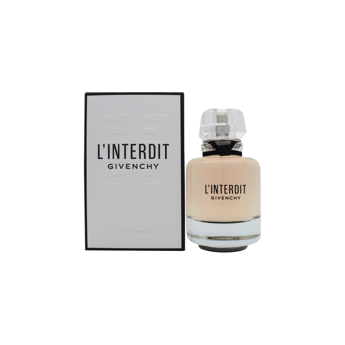 L'Interdit Parfum Eau De Parfum Givenchy 80 ml, sort firkantet parfumeflaske med gyldne detaljer og mørkt glas