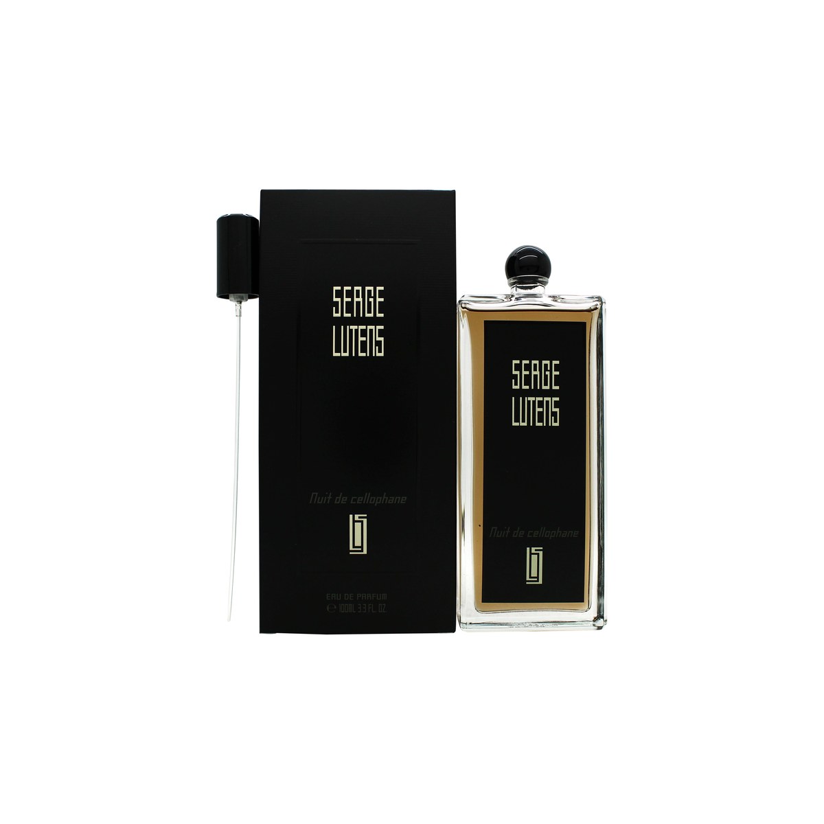 Nuit De Cellophane Eau De Parfum, Serge Lutens, 100 ml – klar flaske med sort låg og hvid etiket