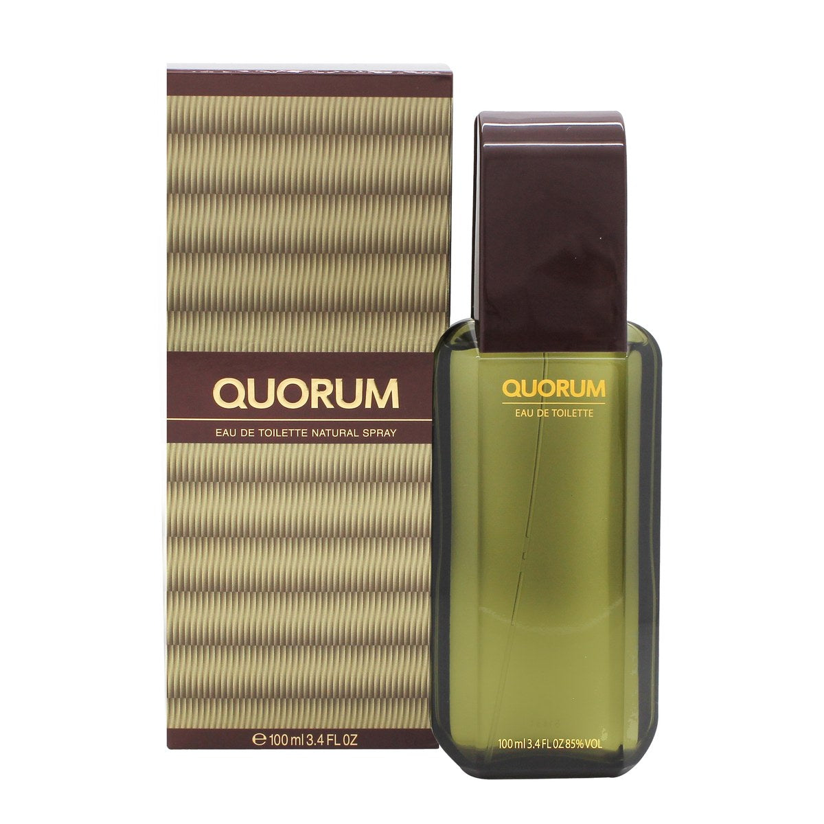 Antonio Puig Quorum Eau de Toilette 100 ml, mørkebrun rektangulær glasflaske med sort låg og gyldne detaljer