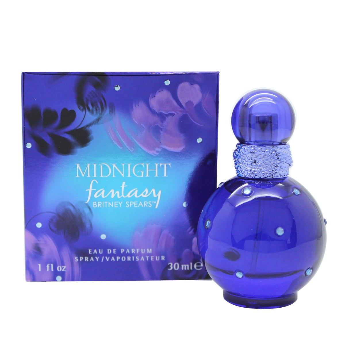 Britney Spears Midnight Fantasy Eau De Parfum, 30 ml – rund mørkeblå flaske med krystaller og sølvtop