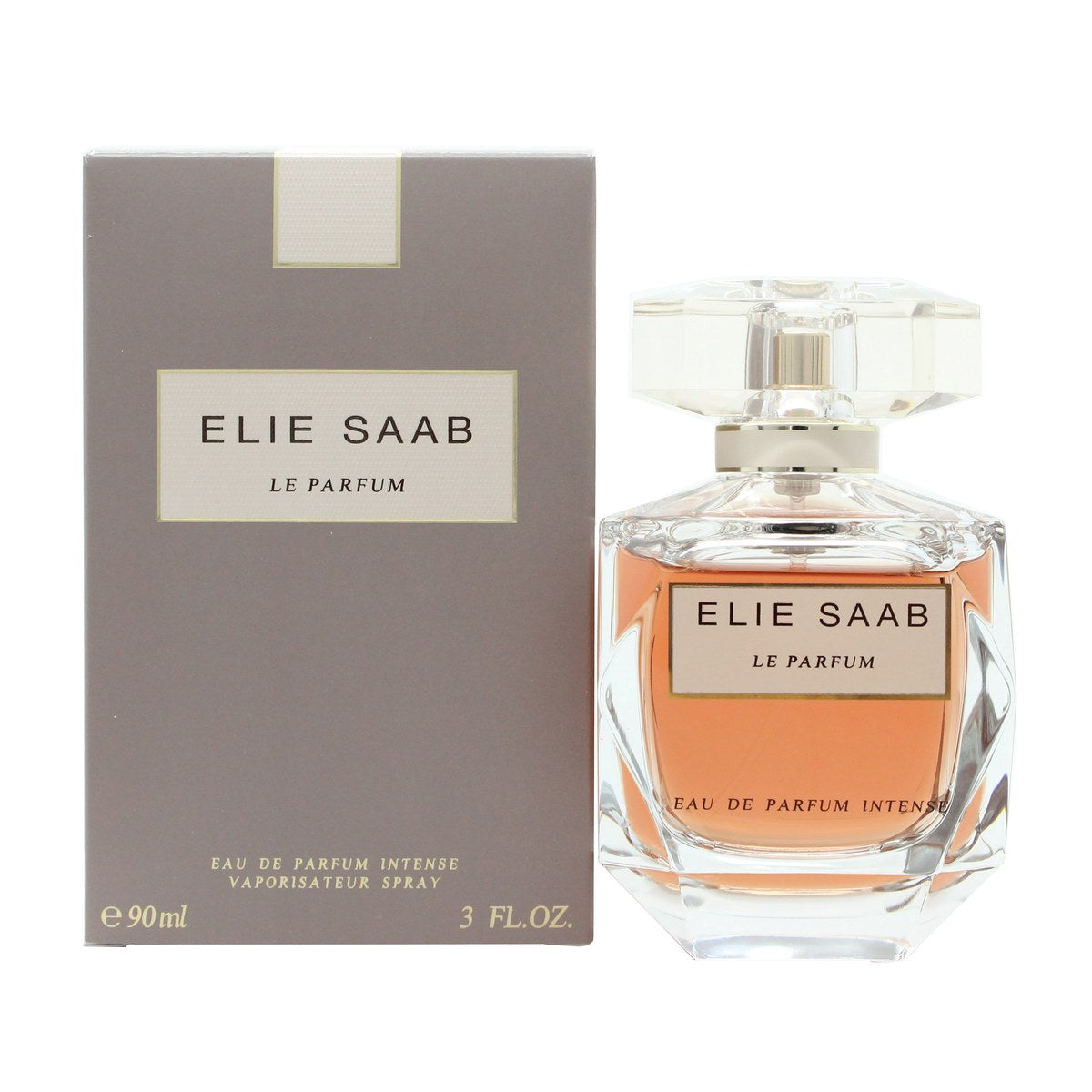 Elie Saab Le Parfum Intense Eau de Parfum, Elie Saab 90 ml – gylden, facetteret glasflaske med ravfarvet duft og sort top.