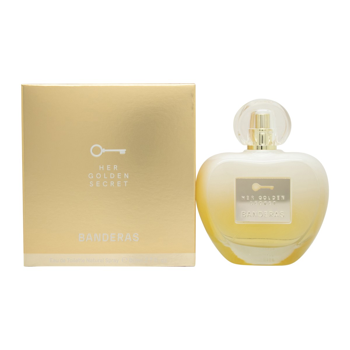 Antonio Banderas Her Golden Secret Eau de Toilette 80 ml i gylden, buet glasflakon med sort låg og diskret mønster