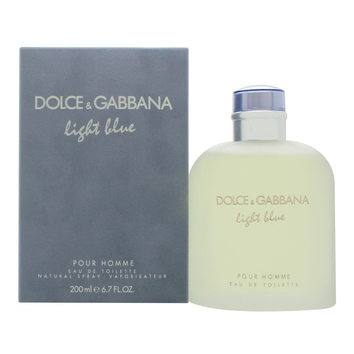 Dolce & Gabbana Light Blue Eau de Toilette 200 ml, frostet glasflaske med lyseblåt låg og klar væske i enkel form.