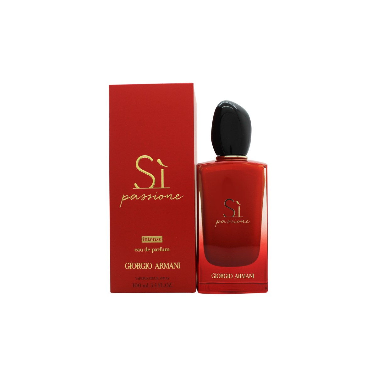 Giorgio Armani Si Passione Intense Eau de Parfum 100 ml – rød glasflakon med sort låg og elegant, afrundet design.