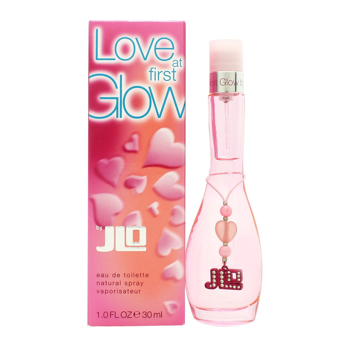 Jennifer Lopez Love At First Glow Eau de Toilette 30 ml – rund rosa glasflaske med sølvdetaljer og feminin form.