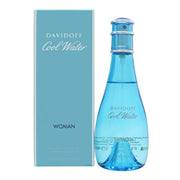 Cool Water Woman Eau De Toilette Davidoff 100 ml, lyseblå matteret glasflakon i dråbeform med klar blå hætte