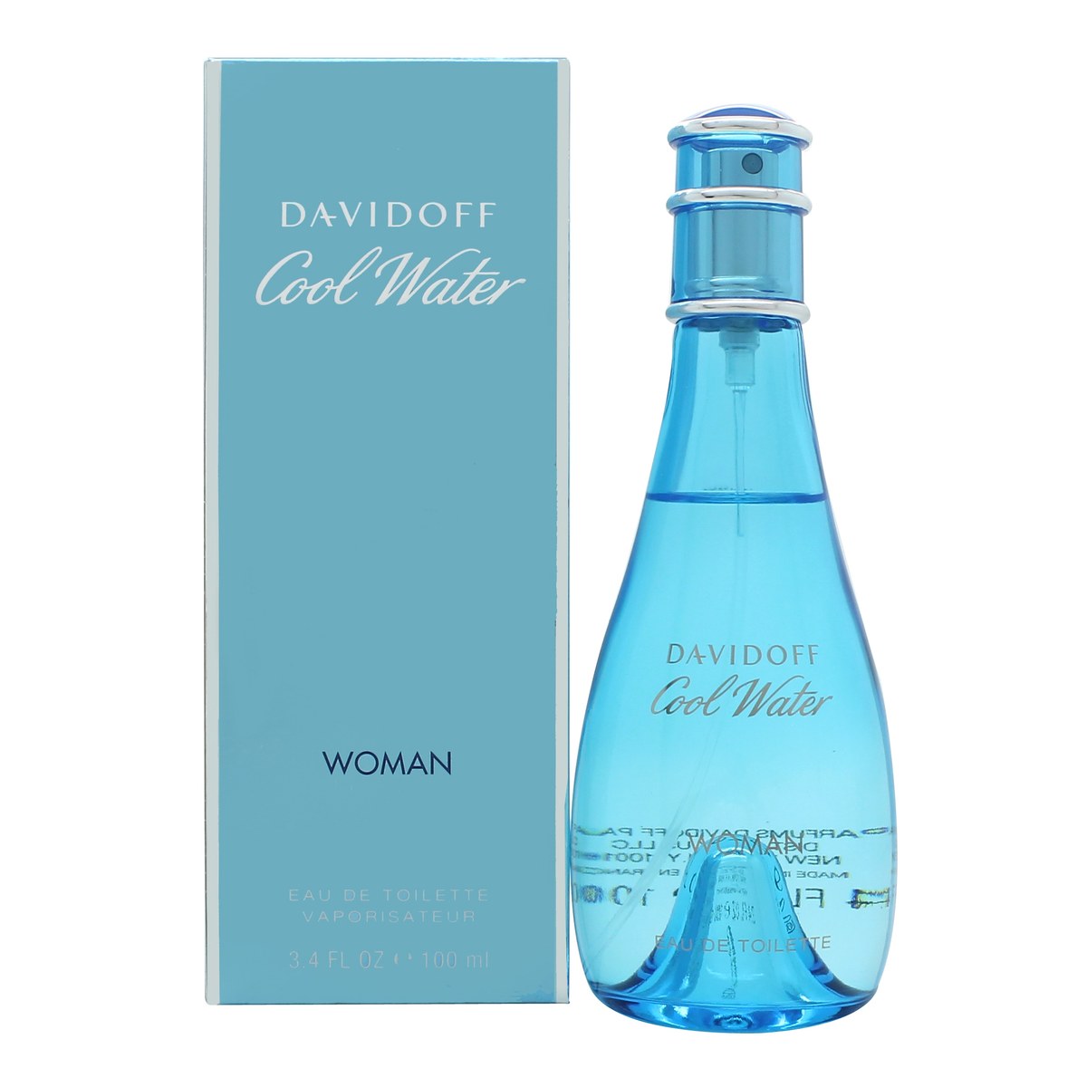 Cool Water Woman Eau De Toilette Davidoff 100 ml, lyseblå matteret glasflakon i dråbeform med klar blå hætte