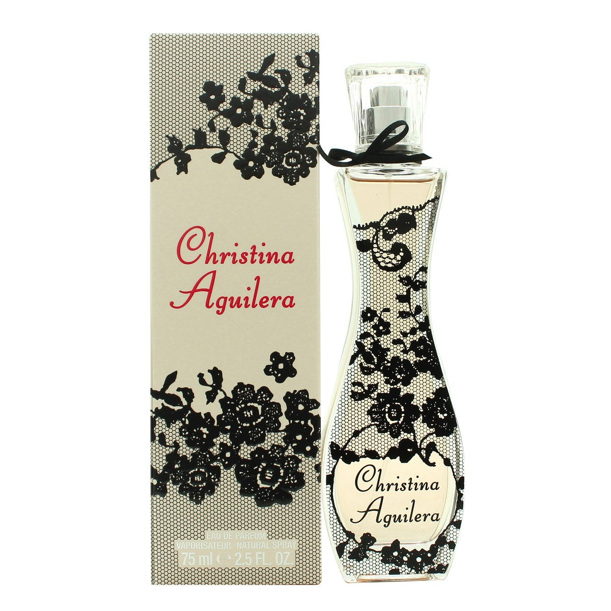 Christina Aguilera Eau de Parfum 75 ml – kurvet glasflaske i rosa nuance med sort blondemønster og sort låg.