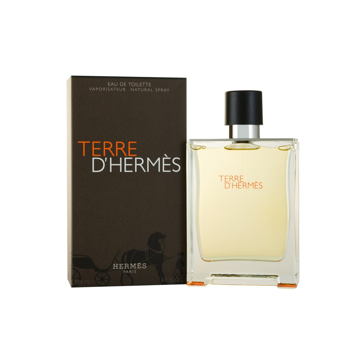 Terre D'Hermès Eau De Toilette, Hermès, 200 ml – klar rektangulær glasflaske med metalskulder, sort hætte og ravfarvet duft