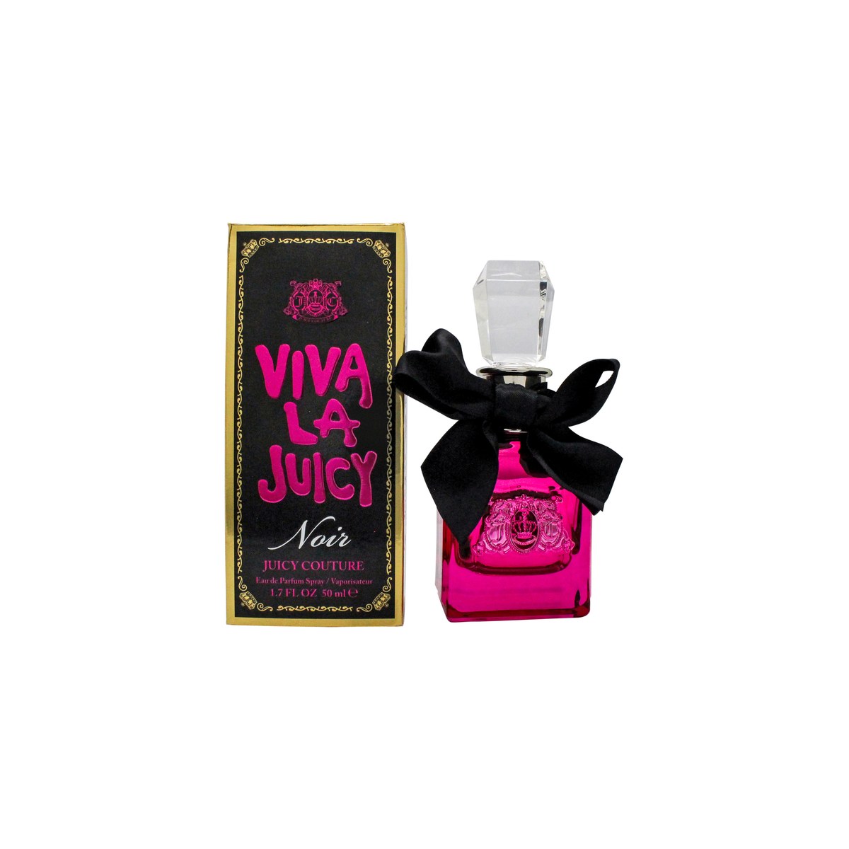 Viva La Juicy Noir Eau De Parfum, Juicy Couture, 50 ml – fuchsia facetteret parfume flaske med sort satin sløjfe og gylden hætte