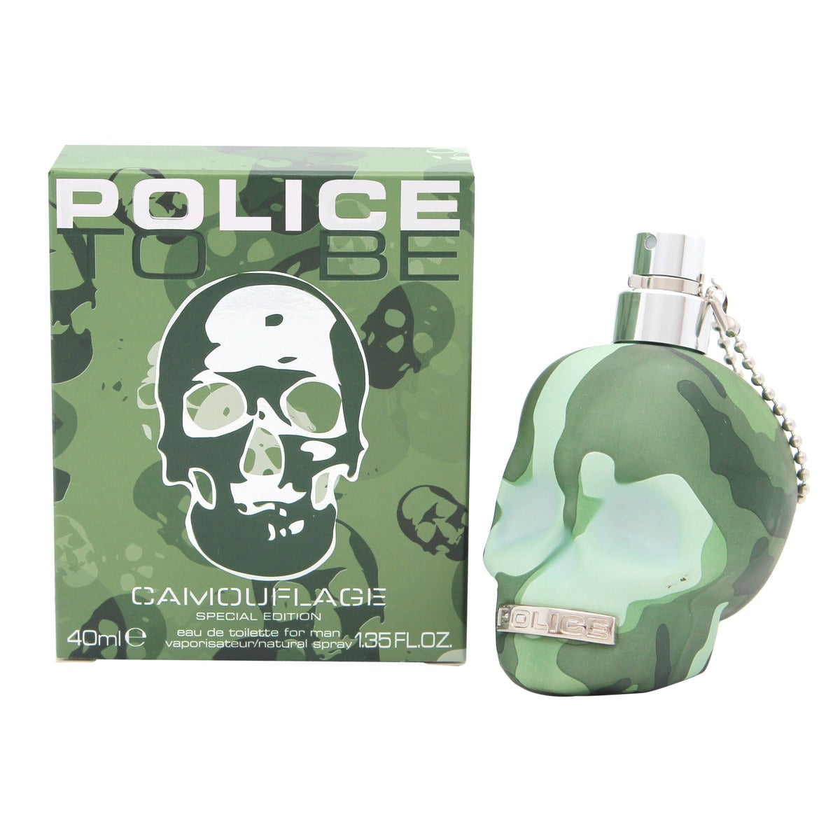 Police To Be Camouflage Eau de Toilette 40 ml fra Police i kranieformet flakon med grøn camouflage og guldkæde