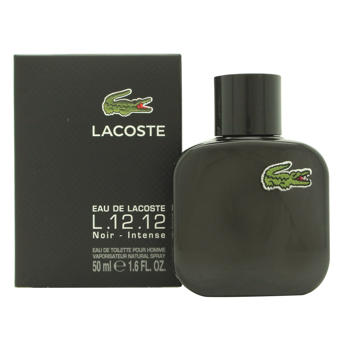 Lacoste Eau de Lacoste L.12.12 Noir Eau de Toilette, Lacoste, 50 ml – mat sort flakon med hvidt krokodillelogo og rund hætte