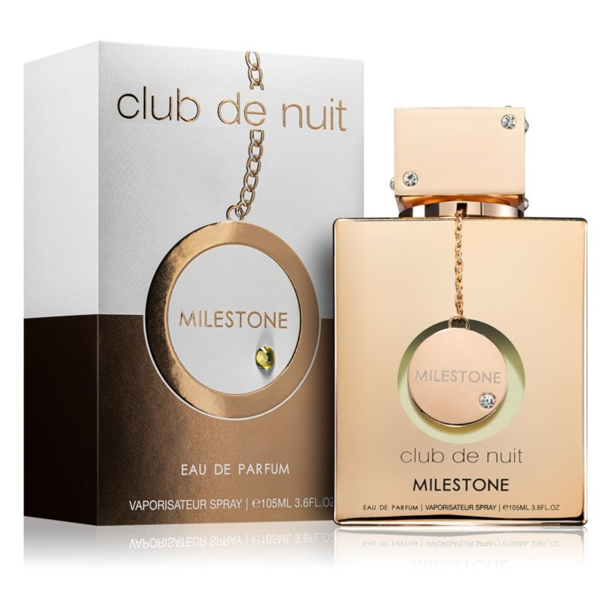 Club De Nuit Milestone Eau De Parfum Armaf 105 ml – sølvfarvet cylindrisk parfumeflaske med glat metallic finish og sort låg