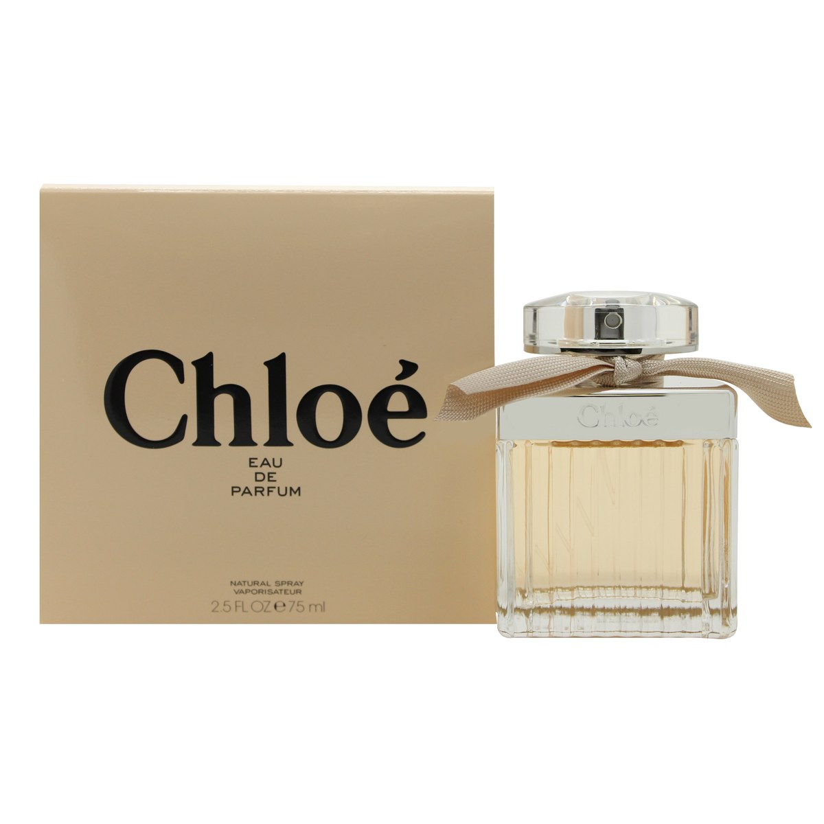 Chloé Signature Eau De Parfum, Chloé, 75 ml – klar rillet glasflaske med sart rosa væske, sølvkapsel og pudderfarvet sløjfe