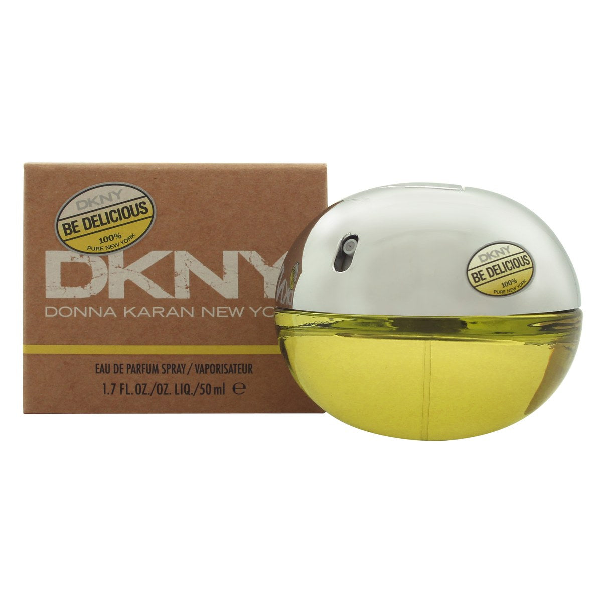 DKNY Be Delicious Eau de Parfum 50 ml fra DKNY – rund æbleformet glasflaske i klar og lys grøn med sølvtop