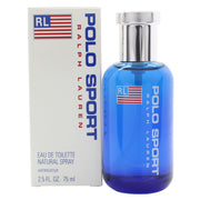 Ralph Lauren Polo Sport Eau De Toilette 75 ml, matblå cylindrisk glasflaske med sølvfarvet kork og logo.