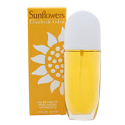 Sunflowers Eau De Toilette Elizabeth Arden 50 ml klar glasflaske med cylindrisk form, gult låg og ikonisk solsikkeprint