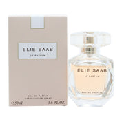 Le Parfum Eau De Parfum Elie Saab 50 ml klar glasflaske med facetskåret krystalform og gylden væske i elegant lysrefleksion