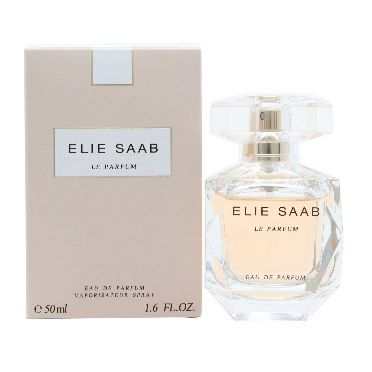 Le Parfum Eau De Parfum Elie Saab 50 ml klar glasflaske med facetskåret krystalform og gylden væske i elegant lysrefleksion