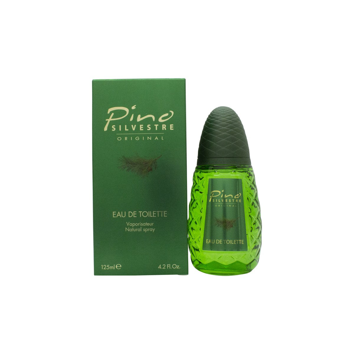 Pino Silvestre Original Eau de Toilette 125 ml fra Pino Silvestre i grøn fyrretræsformet glasflakon med sort korkprop