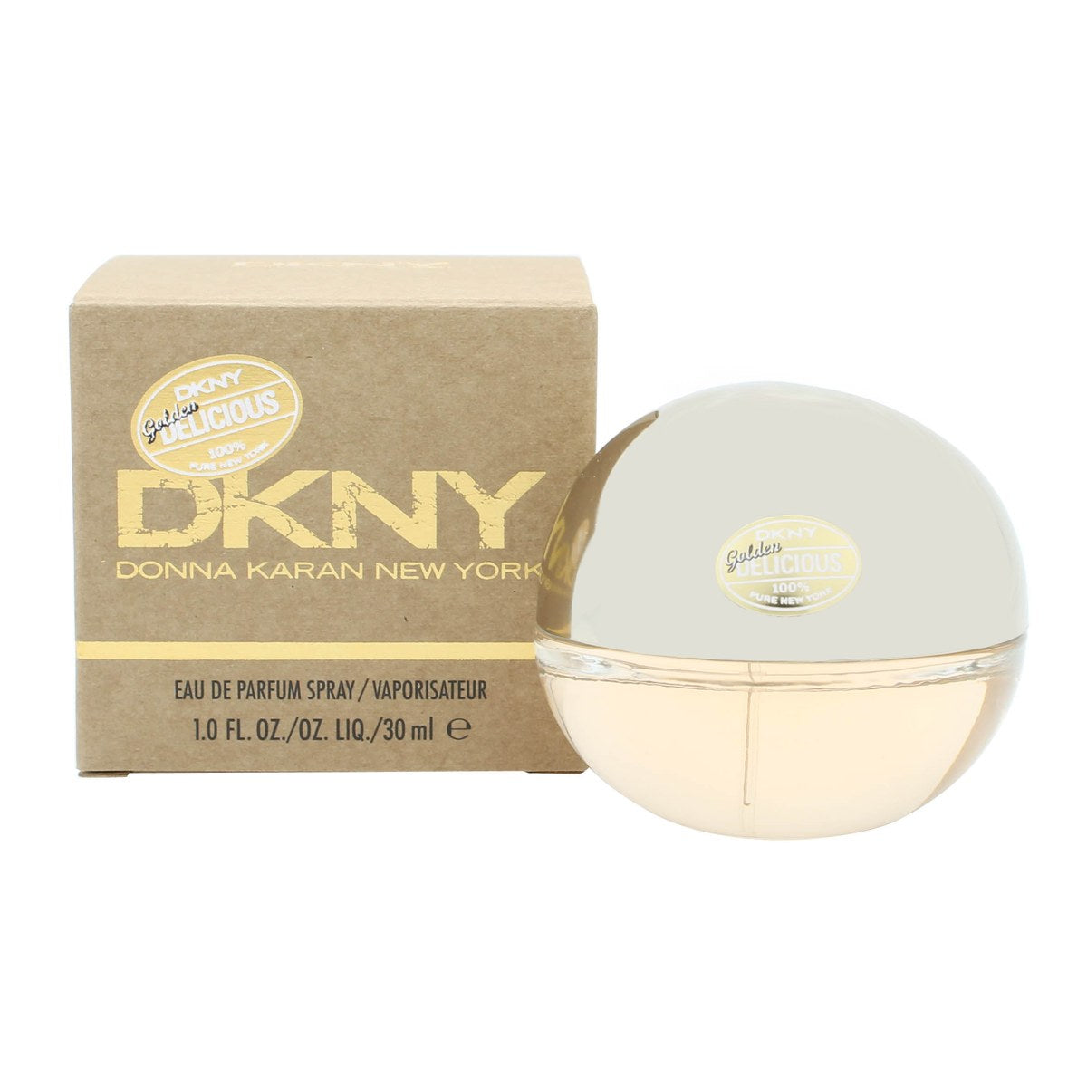 DKNY Golden Delicious Eau de Parfum 30 ml, gylden æbleformet glasflakon med blank guldfarvet top og klar ravtone