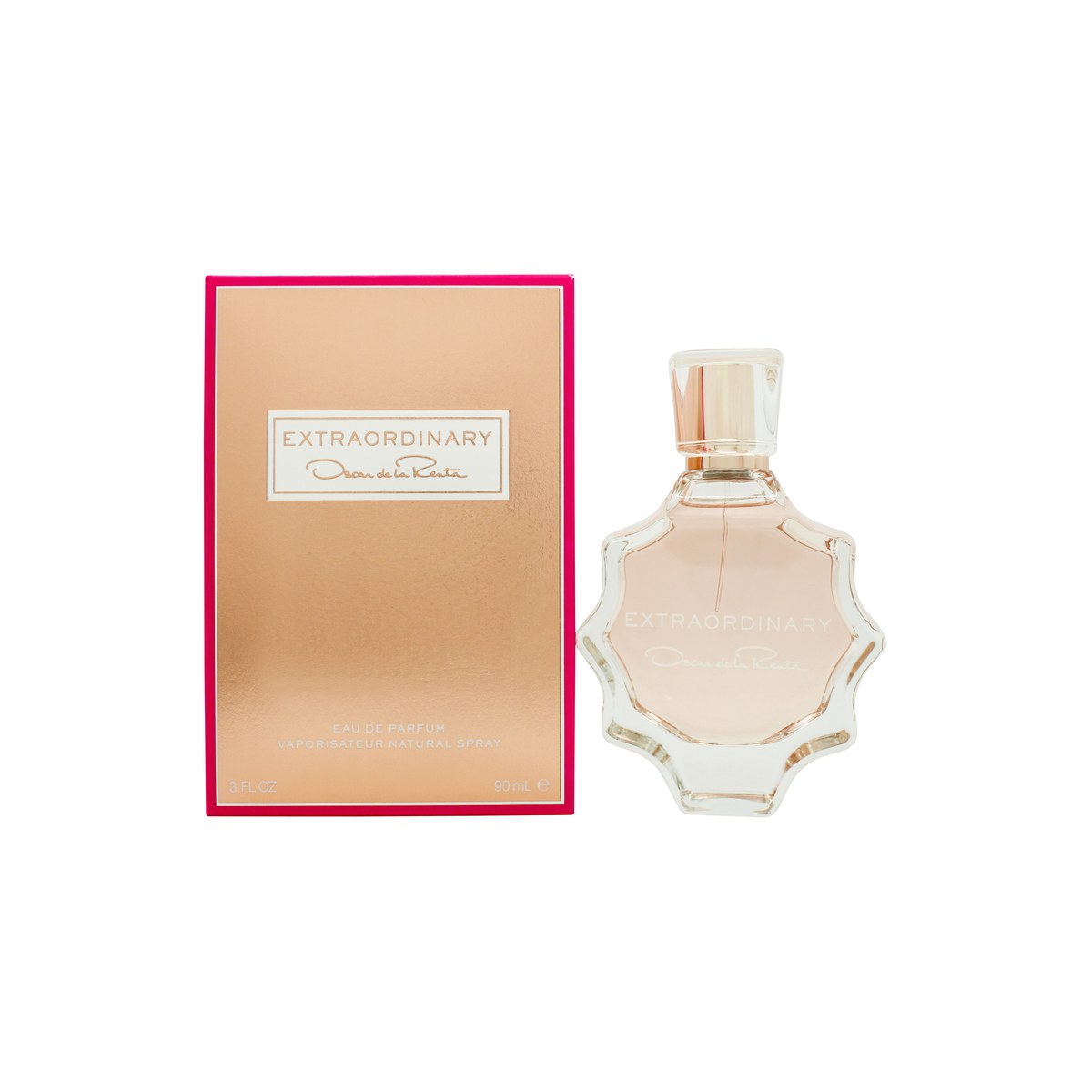 Oscar de la Renta Extraordinary Eau de Parfum 90 ml – høj facetteret glasflakon med lys rosé væske og guldkapsel med sort blomst