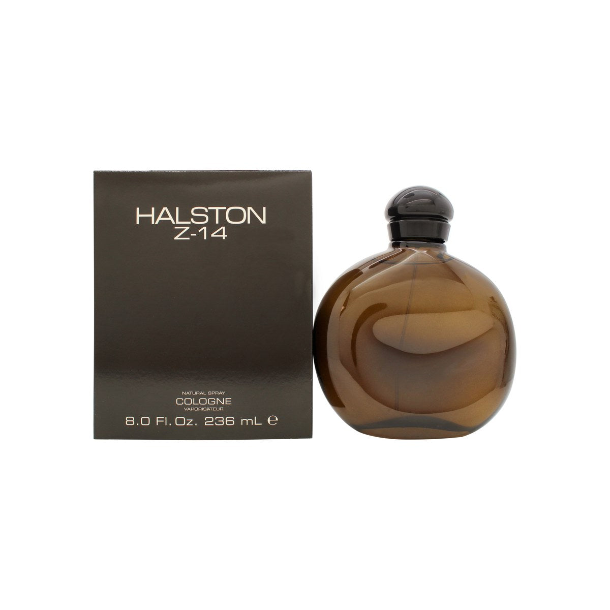 Halston Z-14 Eau de Cologne 236 ml fra Halston i klar rektangulær glasflaske med sort kantet låg og ravfarvet duft