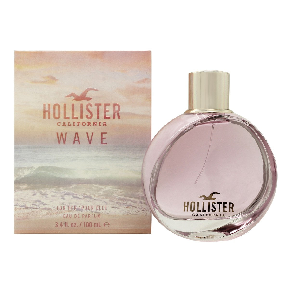 Wave For Her Eau De Parfum, Hollister, 100 ml – klar glasflaske med lyserød væske og pink låg, let feminin fremtoning