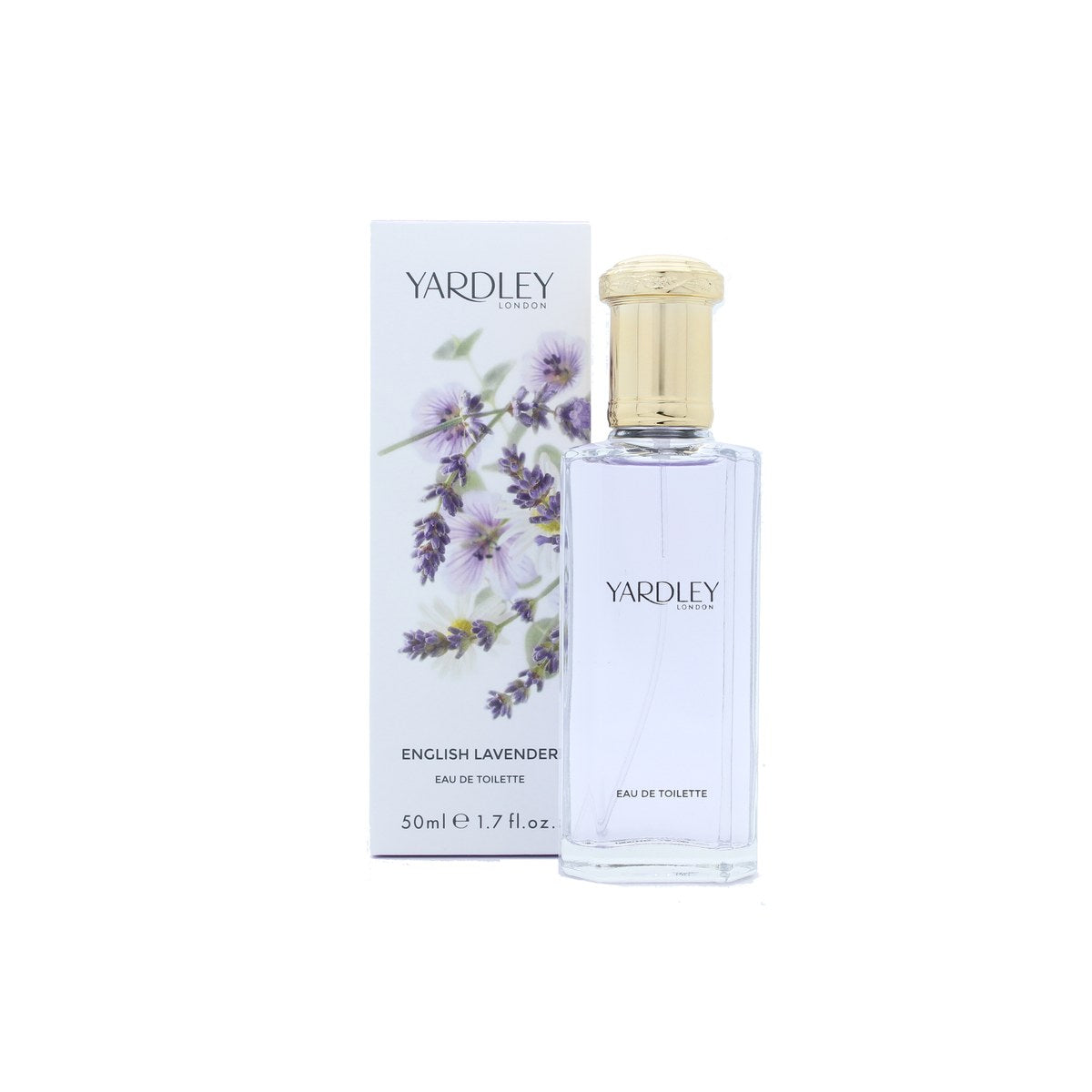 Yardley English Lavender Eau de Toilette 50 ml i klar glasflaske med lyslilla duft og sølvfarvet låg, klassisk etiketdesign