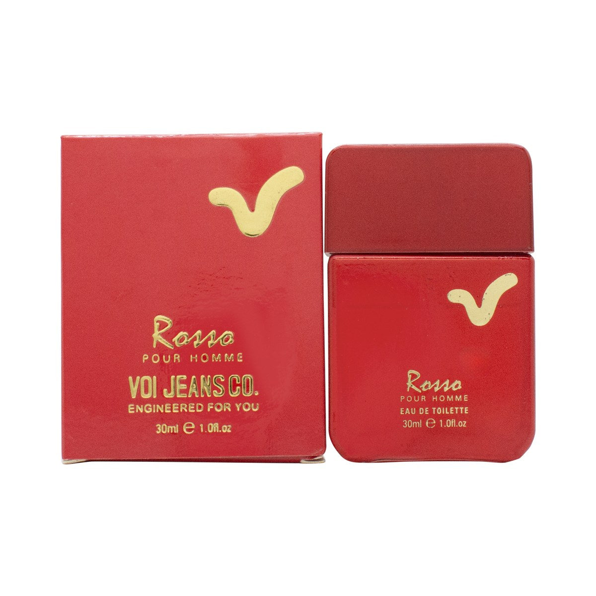 Voi Jeans Rosso Eau de Toilette 30 ml – rød transparent glasflaske med sølvfarvet låg og enkelt logo-design
