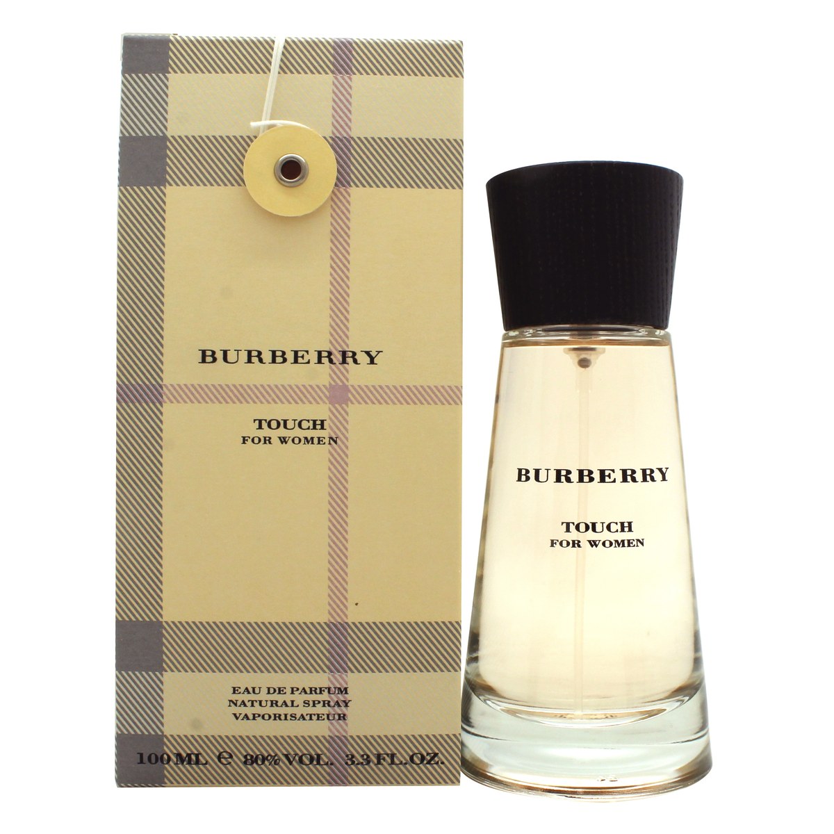 Burberry Touch For Women Eau De Parfum 100 ml, Burberry klar rund glasflaske med sølvfarvet ring og minimalistisk design