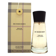 Burberry Touch For Women Eau De Parfum 100 ml, Burberry klar rund glasflaske med sølvfarvet ring og minimalistisk design