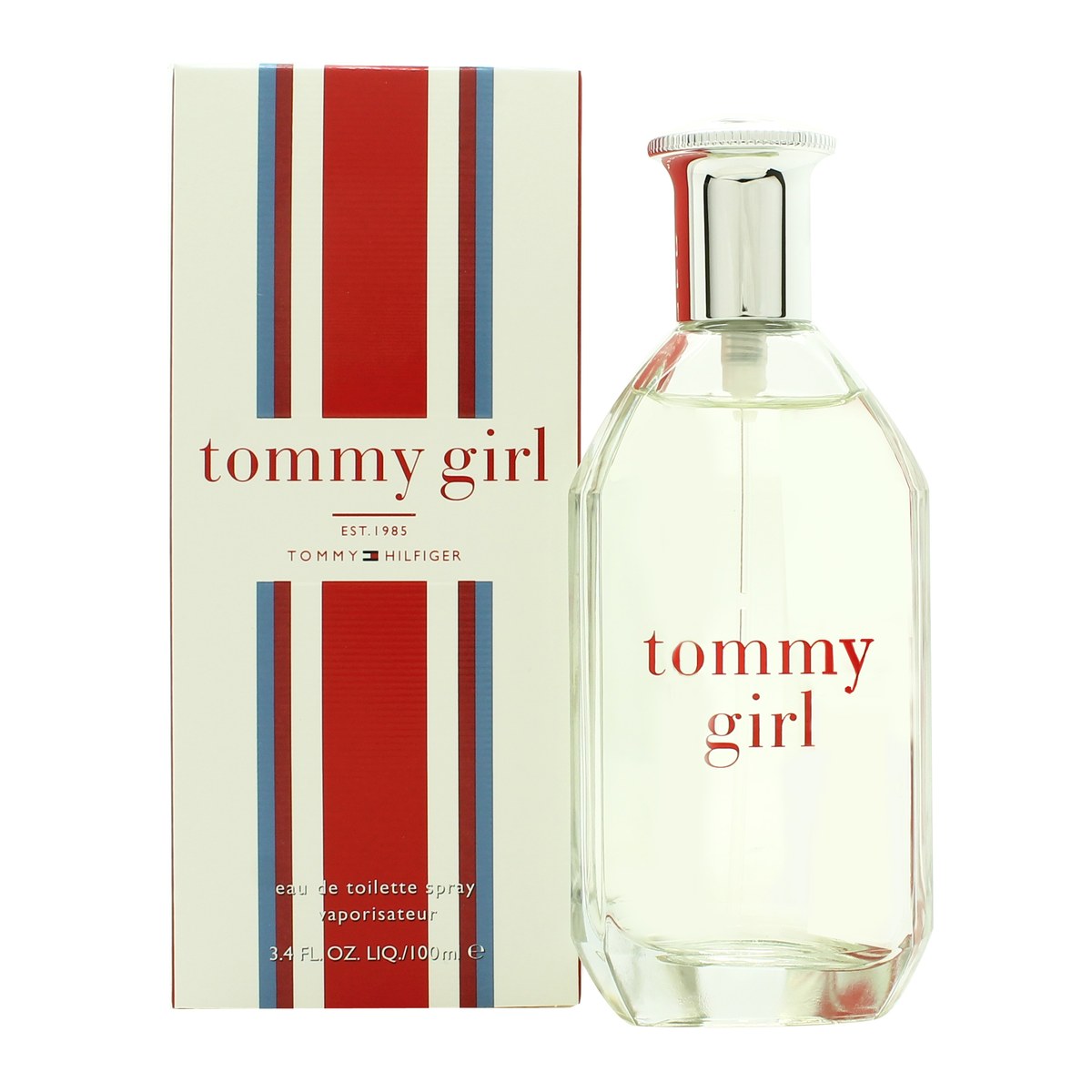 Tommy Girl Eau De Toilette fra Tommy Hilfiger 100 ml, klar glasflaske med bløde kurver, sølvfarvet låg og enkelt logo i rent udtryk