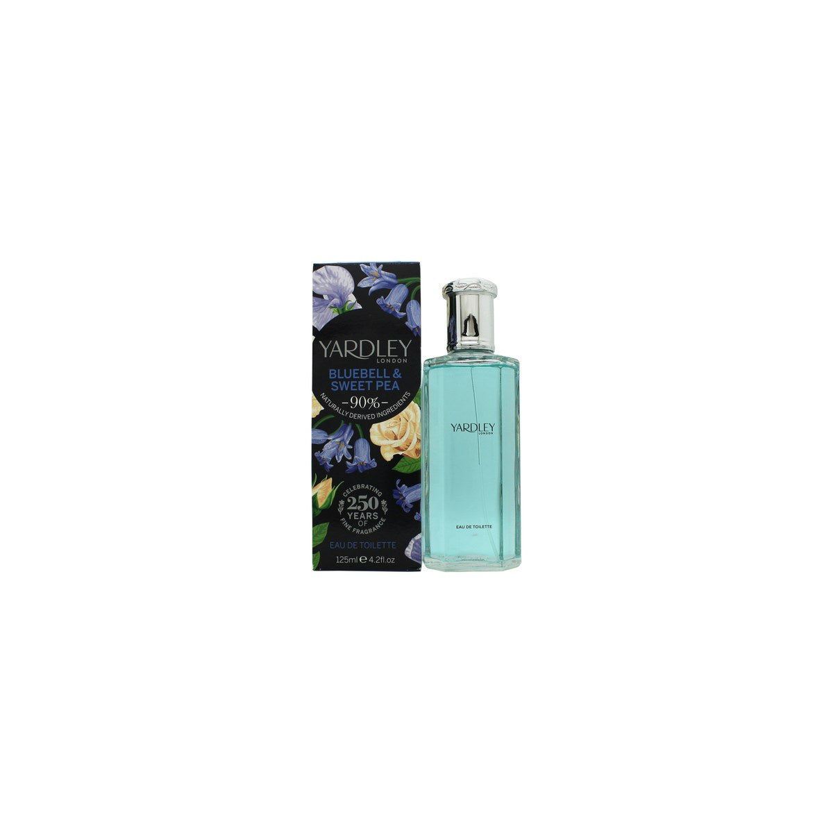 Yardley Bluebell & Sweet Pea Eau de Toilette, Yardley, 125 ml – klar glasflaske med lyseblå væske og sølvfarvet låg