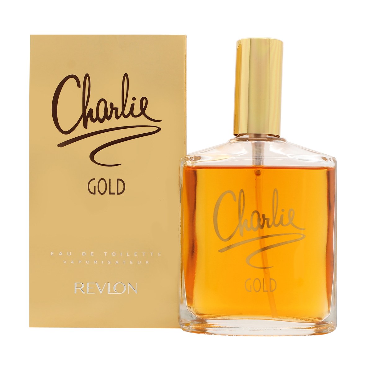 Revlon Charlie Gold Eau De Toilette Revlon 100 ml gylden vintageflakon med bløde kurver og låg