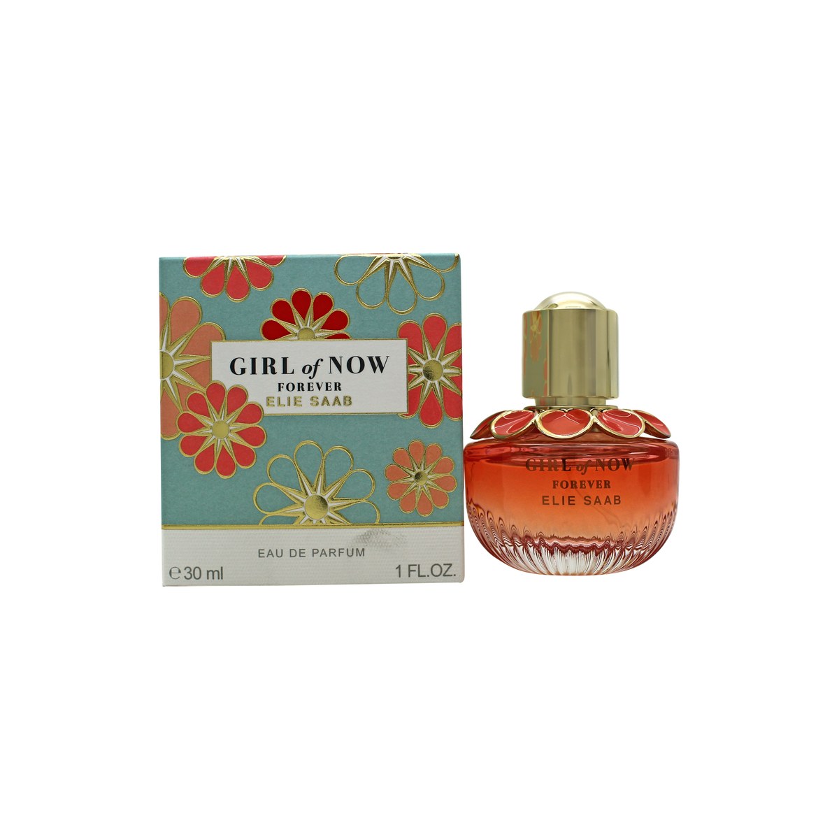 Girl Of Now Forever Eau De Parfum, Elie Saab, 30 ml – firkantet flaske i koralrosa glas med gylden låg og blomsterdetalje