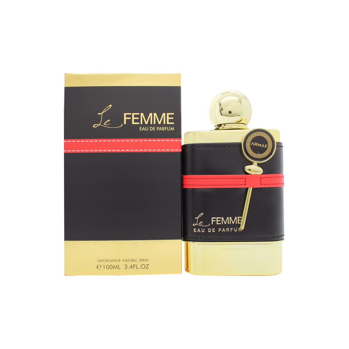 Armaf Le Femme Eau de Parfum, Armaf 100 ml – elegant hvid flakon med gyldne detaljer og buet, minimalistisk design.