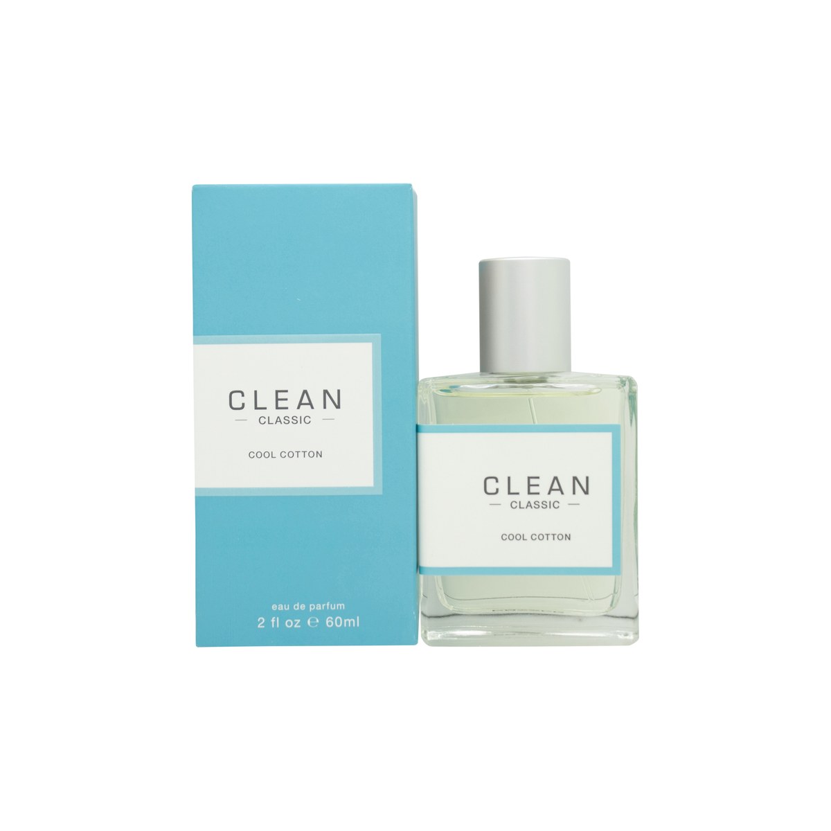 Clean Cool Cotton Eau de Parfum 60 ml fra Clean i klar rektangulær glasflaske med sølvfarvet låg og lyseblå etiket.