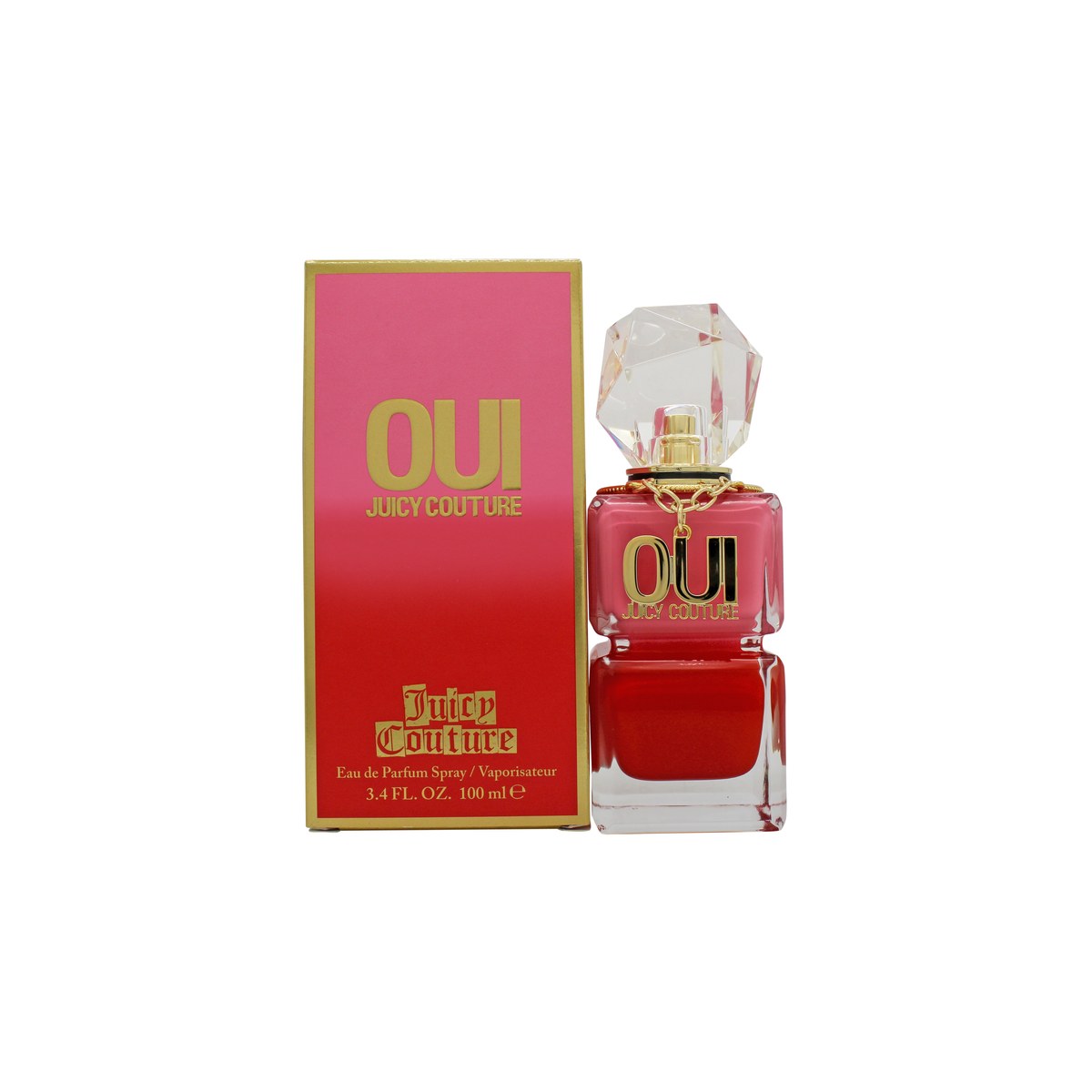 Juicy Couture Oui Eau de Parfum, Juicy Couture, 100 ml – klar krystalflakon med pink juice og sølvfarvet låg