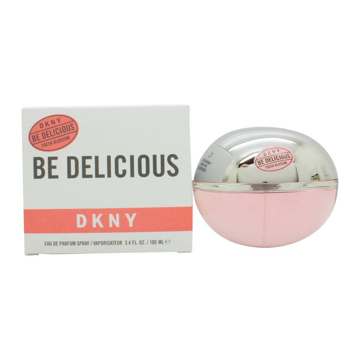 DKNY Be Delicious Fresh Blossom Eau de Parfum 100 ml fra DKNY i rund, pink glasflakon med sølv låg formet som æble
