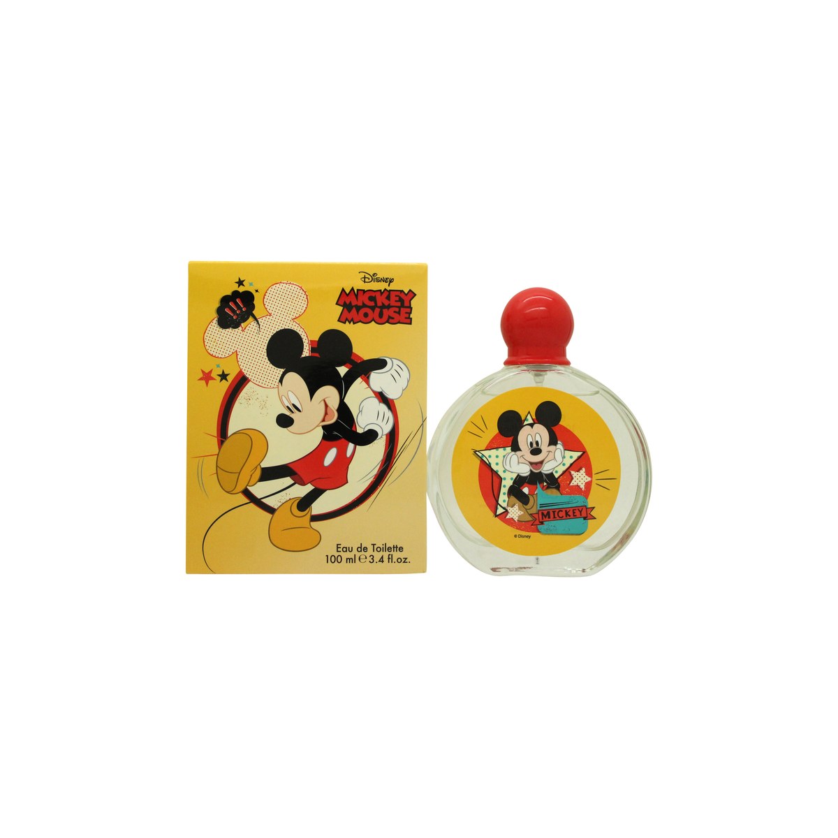 Disney Mickey Mouse Eau de Toilette 100 ml i klar flakon med sort hætte og Mickey i røde og gule farver.